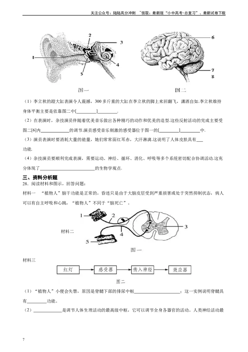 专题14人体生命活动的调节（习题精练）-省心备考2024年中考生物一轮复习精讲精练（全国通用）（原卷版）_02中考总复习（2026版更新中）_08-生物-中考总复习_2024年中考复习资料