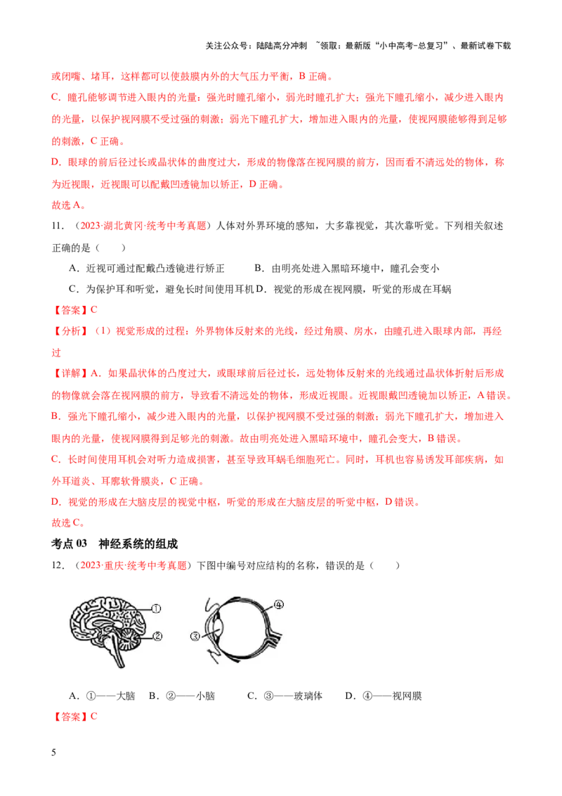 专题14人体生命活动的调节（解析版）_02中考总复习（2026版更新中）_08-生物-中考总复习_2024年中考复习资料_一轮复习_❤备战2024年中考生物一轮复习考点帮（全国通用）_练习