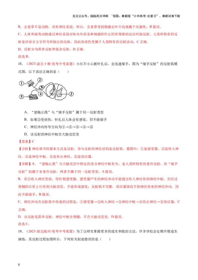 专题14人体生命活动的调节（解析版）_02中考总复习（2026版更新中）_08-生物-中考总复习_2024年中考复习资料_一轮复习_❤备战2024年中考生物一轮复习考点帮（全国通用）_练习