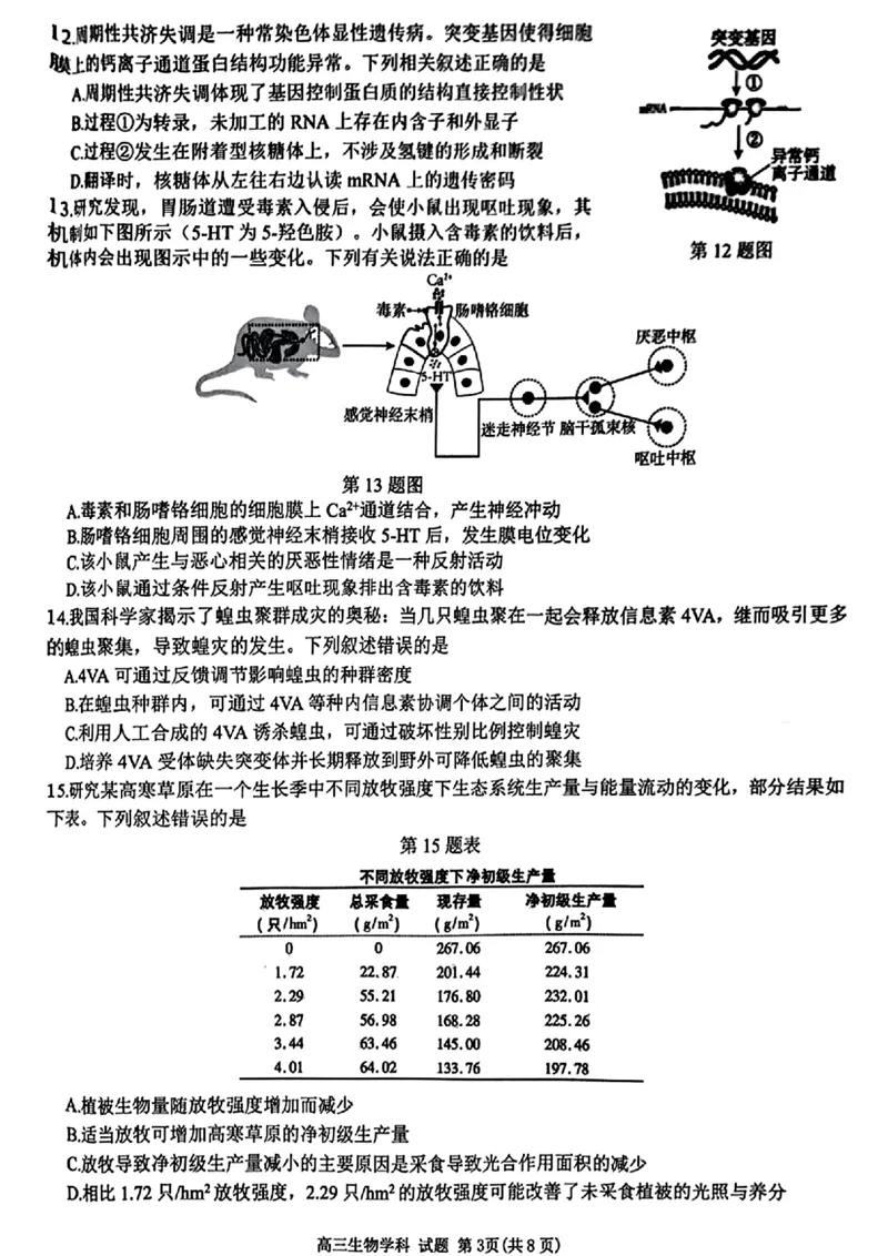 2024-2025学年第一学期天域全国名校协作体联考生物试题_A1502026各地模拟卷（超值！）_10月_2410072025届天域全国名校协作体浙江省10月联考