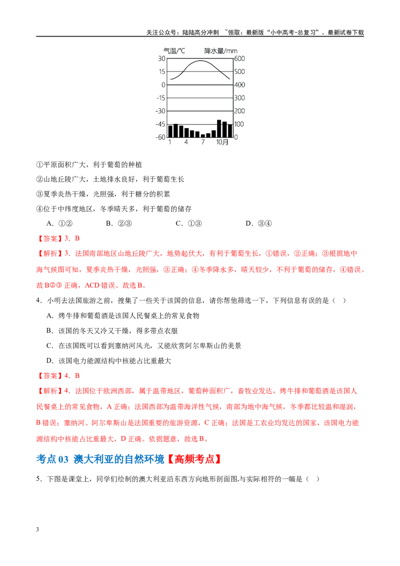 专题15法国和澳大利亚（梯级进阶练）（解析版）_02中考总复习（2026版更新中）_09-地理-中考总复习_2024年中考复习资料_一轮复习_❤2024年中考地理一轮复习讲练测（全国通用）_配套练习