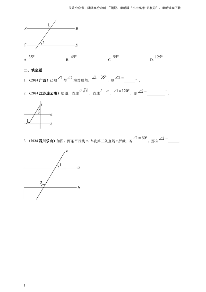 专题15平行线与相交线（原卷版）_02中考总复习（2026版更新中）_02-数学-中考总复习_2025中考复习资料_（2025年中考复习全国通用）2024年中考数学真题专题分类精选汇编