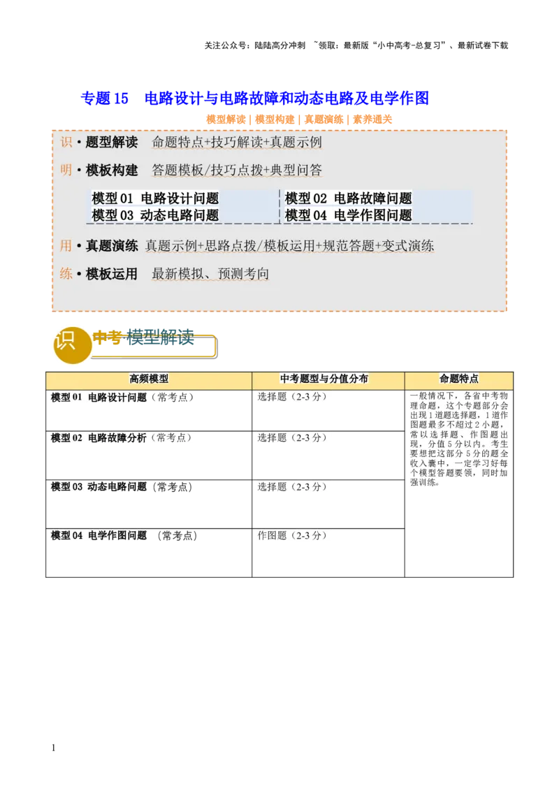 专题15电路设计与电路故障和动态电路及电学作图（原卷版）_02中考总复习（2026版更新中）_04-物理-中考总复习_2025年中考复习资料_2025年中考物理答题方法模板