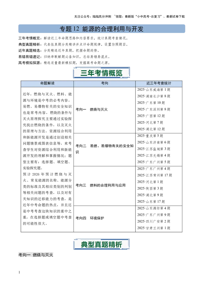 专题12能源的合理利用与开发（解析版）_02中考总复习（2026版更新中）_05-化学-中考总复习_2026年中考复习（更新中）_备战2026年中考化学真题题源解密