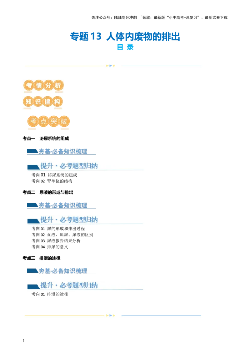 专题13人体内废物的排出（讲义）（原卷版）_02中考总复习（2026版更新中）_08-生物-中考总复习_2024年中考复习资料_一轮复习_❤2024年中考生物一轮复习讲练测（全国通用）_讲义