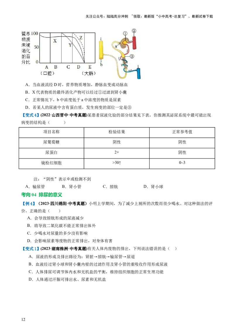 专题13人体内废物的排出（讲义）（原卷版）_02中考总复习（2026版更新中）_08-生物-中考总复习_2024年中考复习资料_一轮复习_❤2024年中考生物一轮复习讲练测（全国通用）_讲义