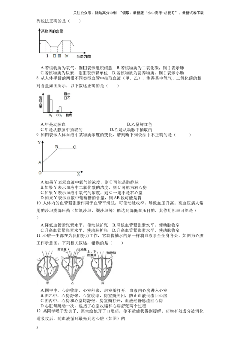 专题14、15人体内的物质运输（原卷版）_02中考总复习（2026版更新中）_08-生物-中考总复习_2024年中考复习资料_一轮复习_配套练习