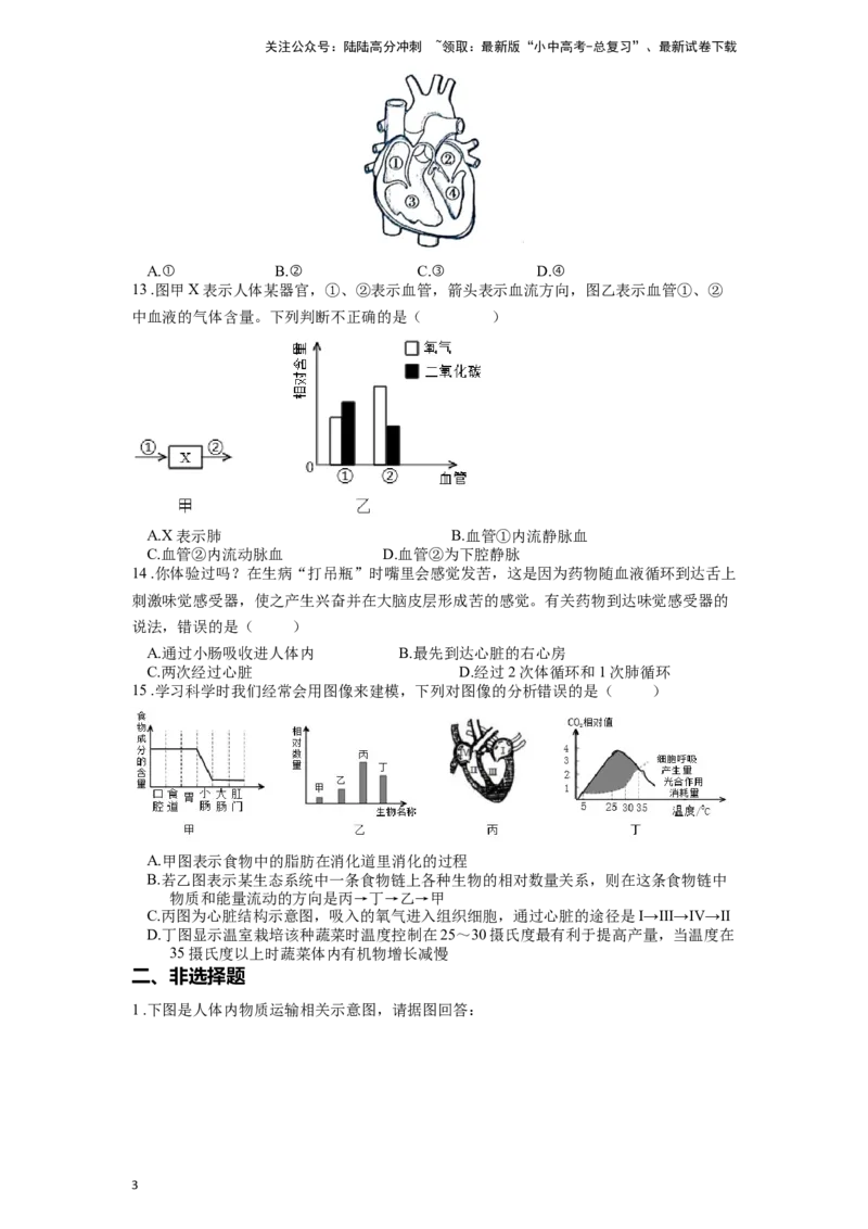 专题14、15人体内的物质运输（原卷版）_02中考总复习（2026版更新中）_08-生物-中考总复习_2024年中考复习资料_一轮复习_配套练习