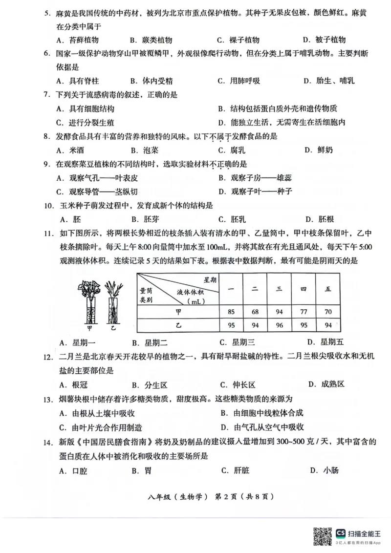 生物(1)_北京初中期末题_C605-京七八九_B京生物七八九_北京八下生物_北京市海淀区2023-2024学年八年级下学期期中生物试题_北京市海淀区2023-2024学年第二学期八年级期中生物试题PDF含答案