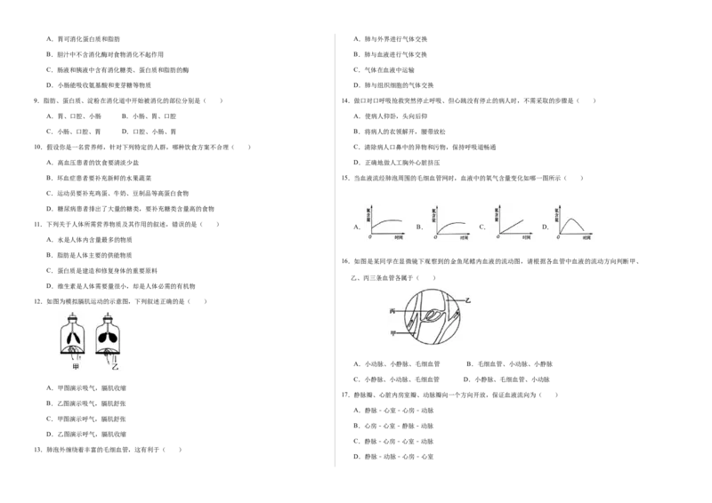 七年级生物期中模拟卷（考试版A3）测试范围：第1~4章（人教版）(1)_北京初中期末题_C605-京七八九_B京生物七八九_北京7下生物_2022-2024_北京生物7下期中