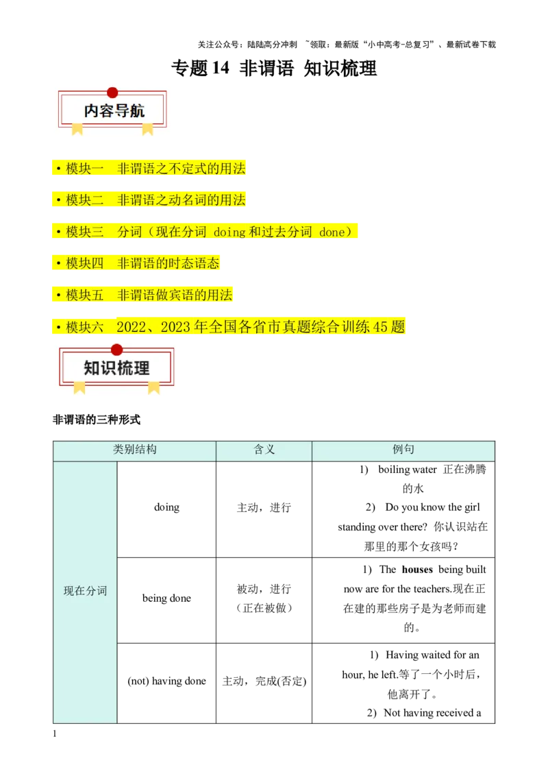 专题14非谓语动词知识梳理-口袋书2024年中考英语一轮复习知识清单（全国通用）（解析版）_02中考总复习（2026版更新中）_03-英语-中考总复习_2024年中考复习资料_一轮复习
