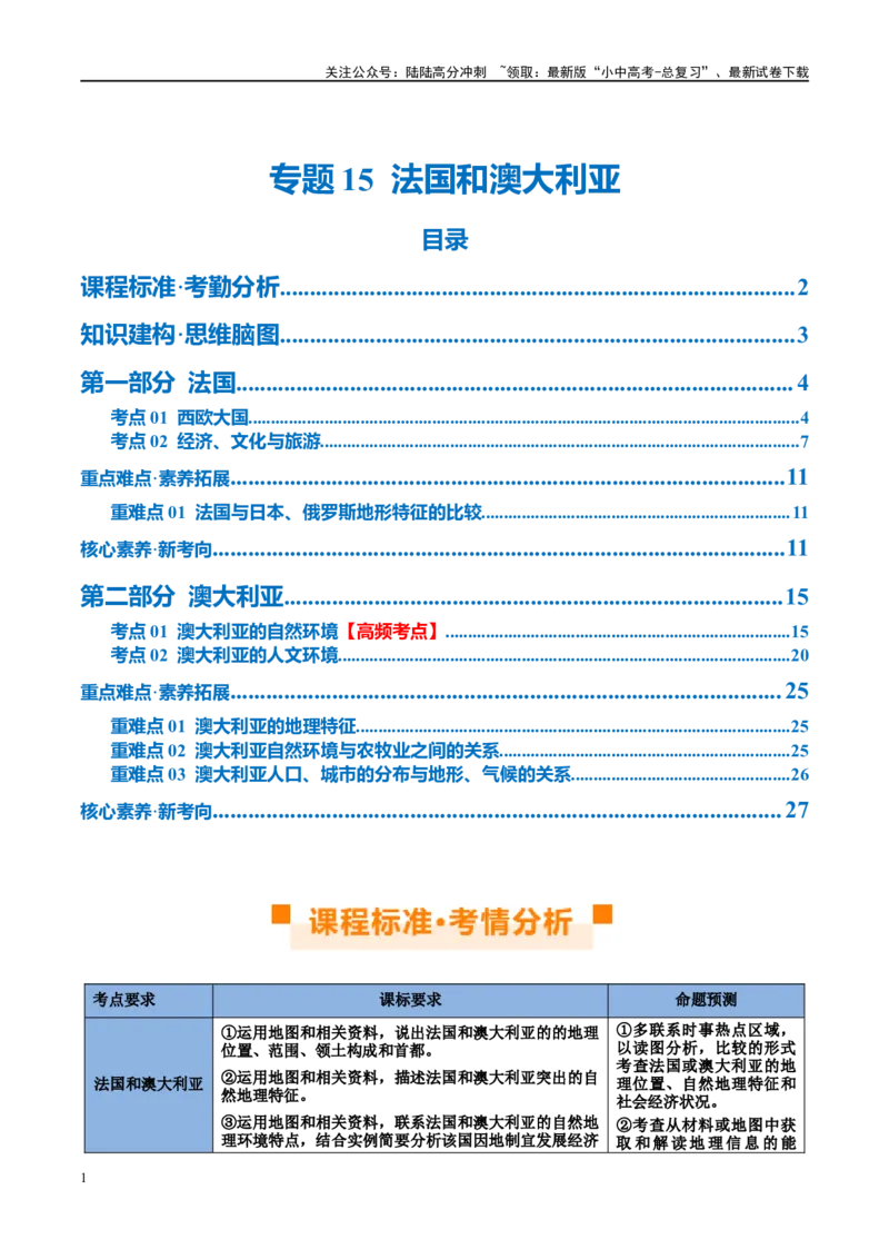 专题15法国和澳大利亚（讲义）（原卷版）_02中考总复习（2026版更新中）_09-地理-中考总复习_2024年中考复习资料_一轮复习_❤2024年中考地理一轮复习讲练测（全国通用）_配套讲义