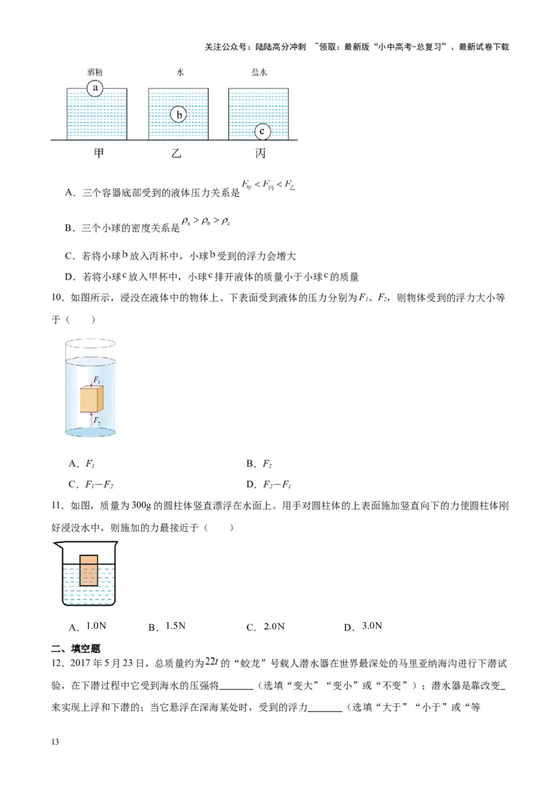 专题14浮力的四种计算方法（原卷版）_02中考总复习（2026版更新中）_04-物理-中考总复习_2024年中考复习资料_一轮复习_完备战2024年中考物理一轮复习考点帮（全国通用）