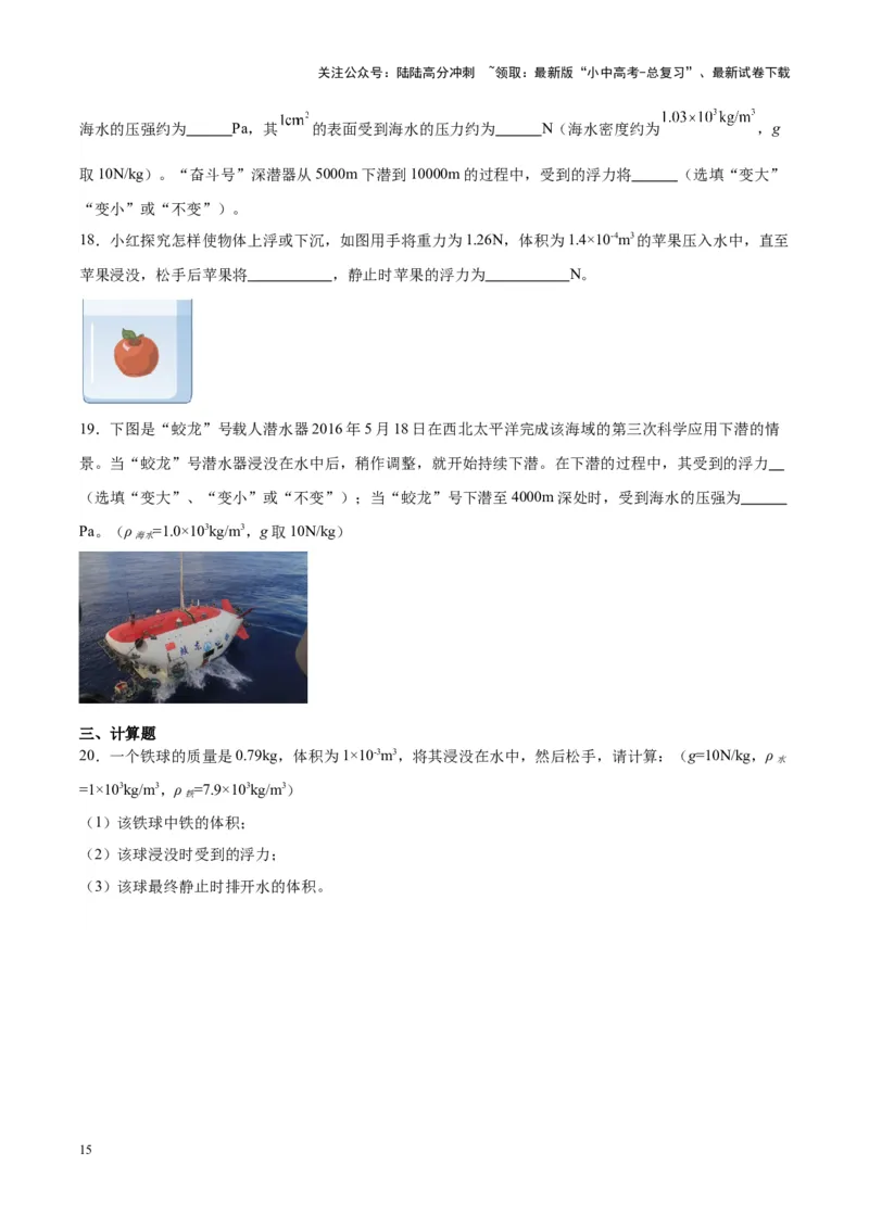 专题14浮力的四种计算方法（原卷版）_02中考总复习（2026版更新中）_04-物理-中考总复习_2024年中考复习资料_一轮复习_完备战2024年中考物理一轮复习考点帮（全国通用）