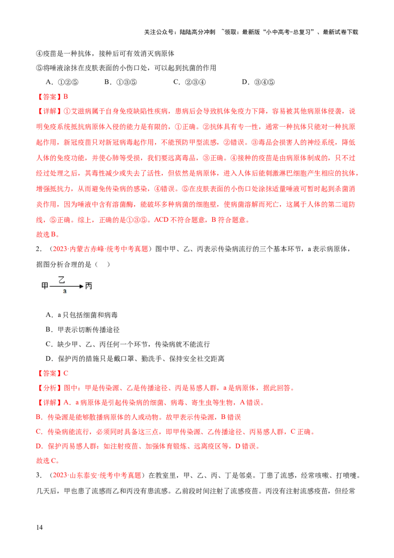 专题15健康地生活（解析版）_02中考总复习（2026版更新中）_08-生物-中考总复习_2024年中考复习资料_一轮复习_❤备战2024年中考生物一轮复习考点帮（全国通用）_练习
