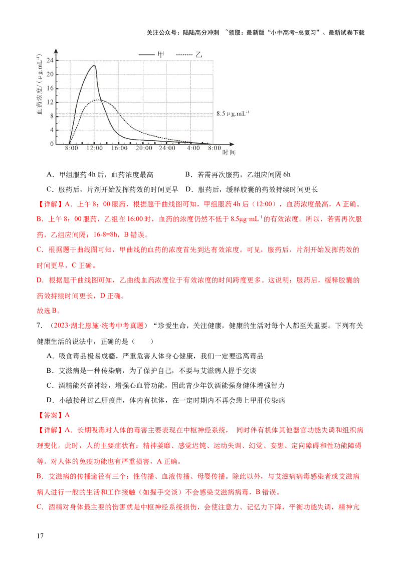 专题15健康地生活（解析版）_02中考总复习（2026版更新中）_08-生物-中考总复习_2024年中考复习资料_一轮复习_❤备战2024年中考生物一轮复习考点帮（全国通用）_练习