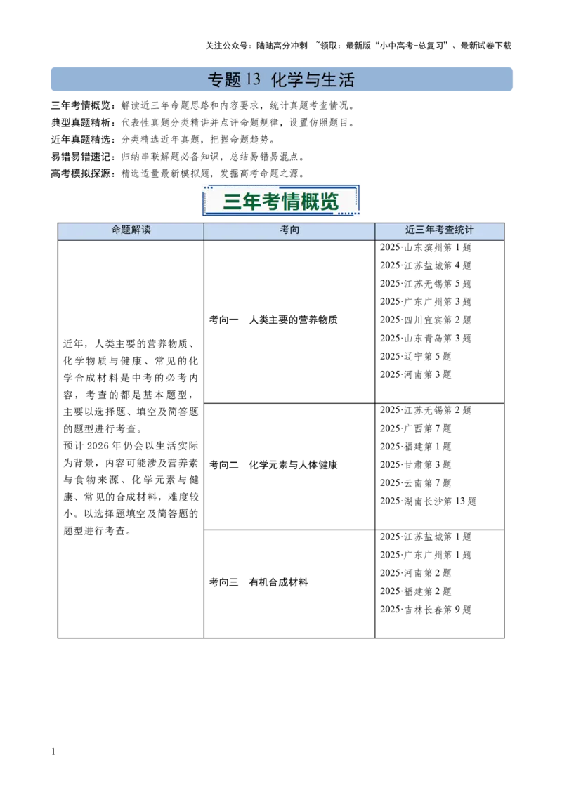 专题13化学与生活（原卷版）_02中考总复习（2026版更新中）_05-化学-中考总复习_2026年中考复习（更新中）_备战2026年中考化学真题题源解密