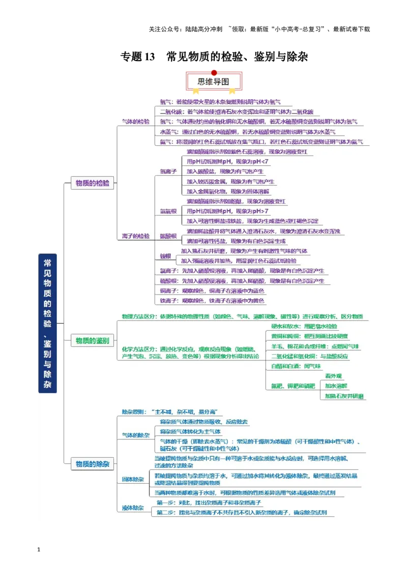专题13常见物质的检验、鉴别与除杂（原卷版）_02中考总复习（2026版更新中）_05-化学-中考总复习_2024年中考复习资料_一轮复习资料_完口袋书2024年中考化学一轮复习知识清单