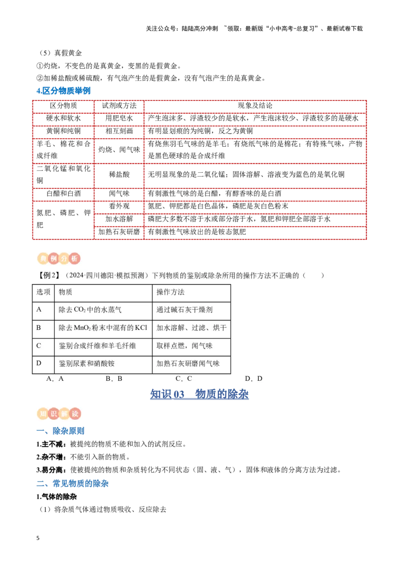 专题13常见物质的检验、鉴别与除杂（原卷版）_02中考总复习（2026版更新中）_05-化学-中考总复习_2024年中考复习资料_一轮复习资料_完口袋书2024年中考化学一轮复习知识清单