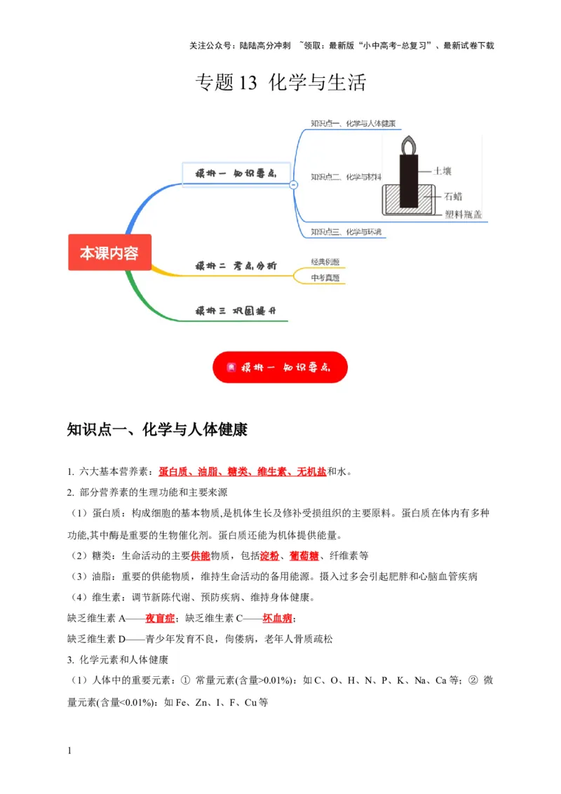 专题13化学与生活（解析版）_02中考总复习（2026版更新中）_05-化学-中考总复习_2024年中考复习资料_专项复习资料_2024年中考化学复习考点一遍过（全国通用）