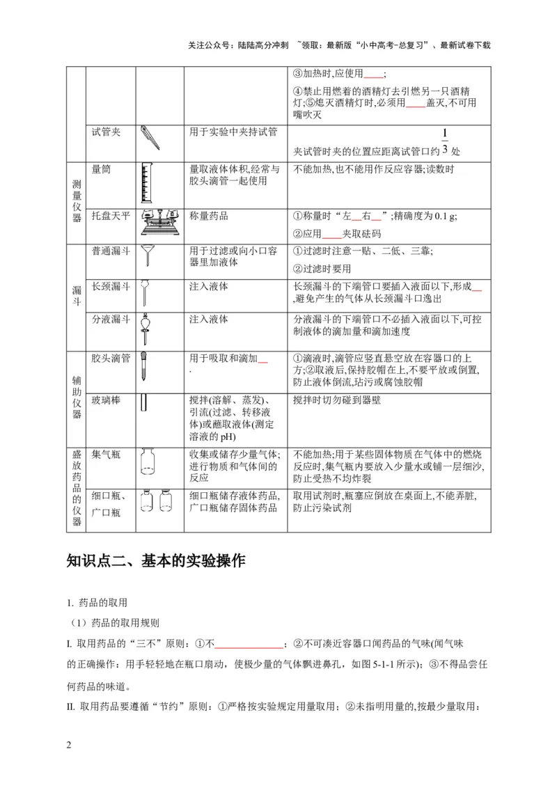 专题14常见仪器与实验操作（原卷版）_02中考总复习（2026版更新中）_05-化学-中考总复习_2024年中考复习资料_专项复习资料_2024年中考化学复习考点一遍过（全国通用）