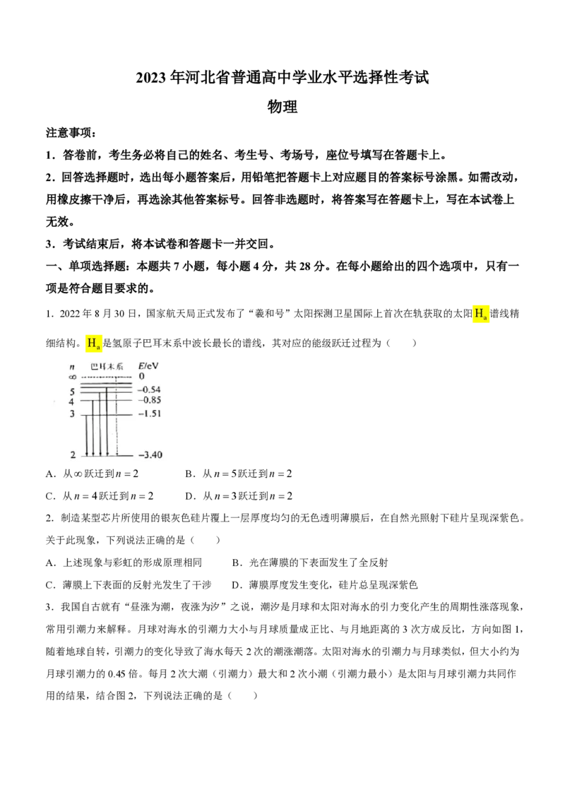 2023年高考物理试卷（河北）（空白卷）_A1502026各地模拟卷（超值！）_赠送：2008-2024全套高考真题_高考物理真题_新&middot;PDF版2008-2024&middot;高考物理真题_版本3：物理（按年份分类）2008-2024