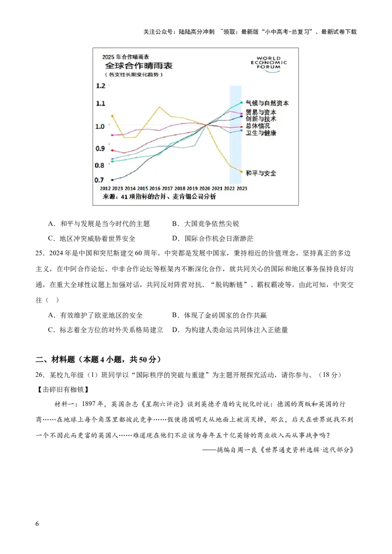 专题15硝烟中的重塑：两次世界大战与国际格局演变（测试）（原卷版）_02中考总复习（2026版更新中）_06-历史-中考总复习_2025年中考复习资料_2025中考二轮课件ppt+讲义+练习历史_测试