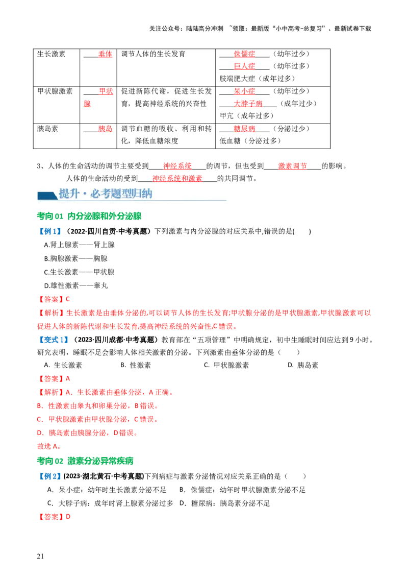 专题14人体生命活动的调节（讲义）（解析版）_02中考总复习（2026版更新中）_08-生物-中考总复习_2024年中考复习资料_一轮复习_❤2024年中考生物一轮复习讲练测（全国通用）_讲义