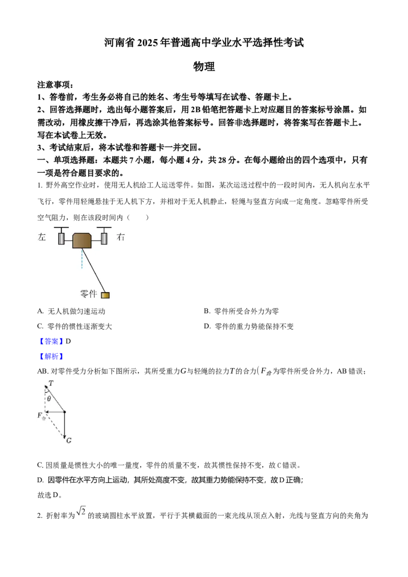 2025年高考物理真题（河南自主命题）（解析版）_全国卷+地方卷_4.物理_1.物理高考真题试卷_2025年高考-物理_2025年河南自主命题