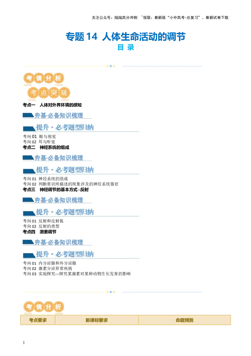 专题14人体生命活动的调节（讲义）（原卷版）_02中考总复习（2026版更新中）_08-生物-中考总复习_2024年中考复习资料_一轮复习_❤2024年中考生物一轮复习讲练测（全国通用）_讲义