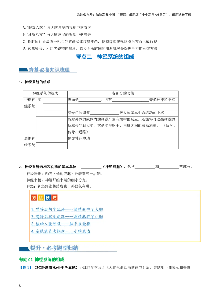 专题14人体生命活动的调节（讲义）（原卷版）_02中考总复习（2026版更新中）_08-生物-中考总复习_2024年中考复习资料_一轮复习_❤2024年中考生物一轮复习讲练测（全国通用）_讲义