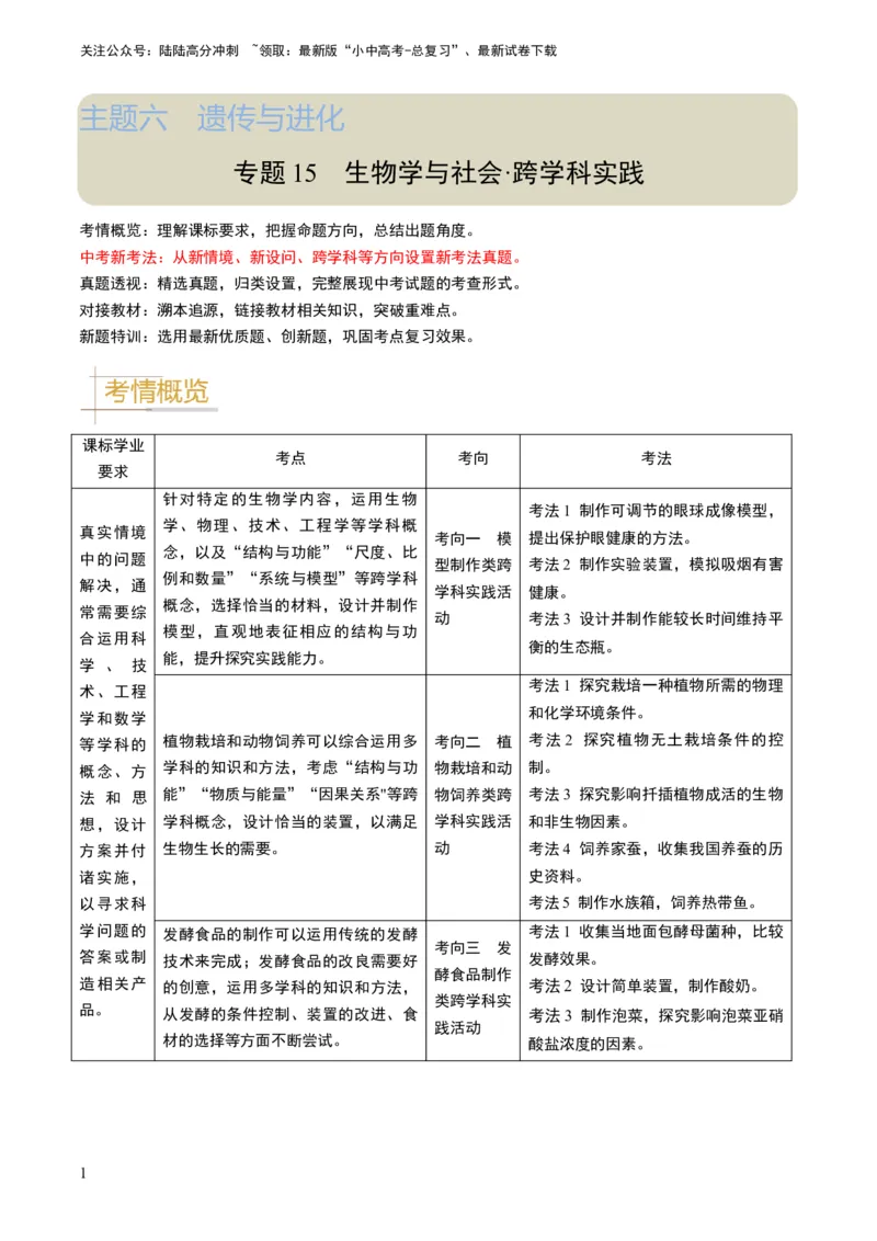 专题15生物学与社会&middot;跨学科实践（解析版）_02中考总复习（2026版更新中）_08-生物-中考总复习_2024年中考复习资料_专项复习_备战2024年中考生物真题题源解密