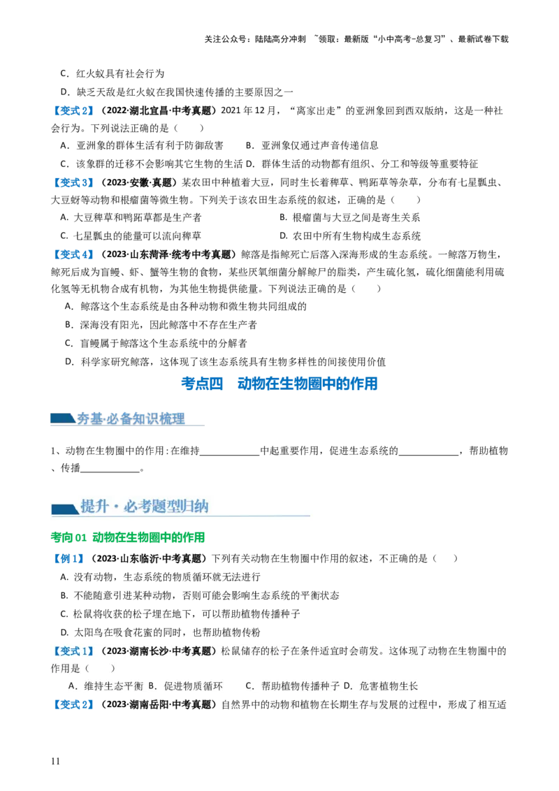 专题17动物的运动和行为、动物在生物圈中的作用（讲义）（原卷版）_02中考总复习（2026版更新中）_08-生物-中考总复习_2024年中考复习资料_一轮复习_讲义