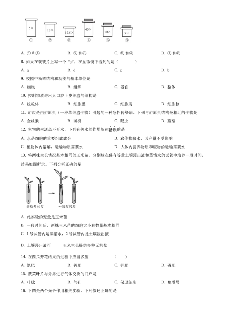 精品解析：北京市大兴区2020-2021学年七年级上学期期末生物试题（原卷版）(1)_北京初中期末题_C605-京七八九_B京生物七八九_北京7上生物_2020-2021