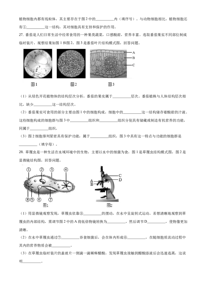 精品解析：北京市大兴区2020-2021学年七年级上学期期末生物试题（原卷版）(1)_北京初中期末题_C605-京七八九_B京生物七八九_北京7上生物_2020-2021