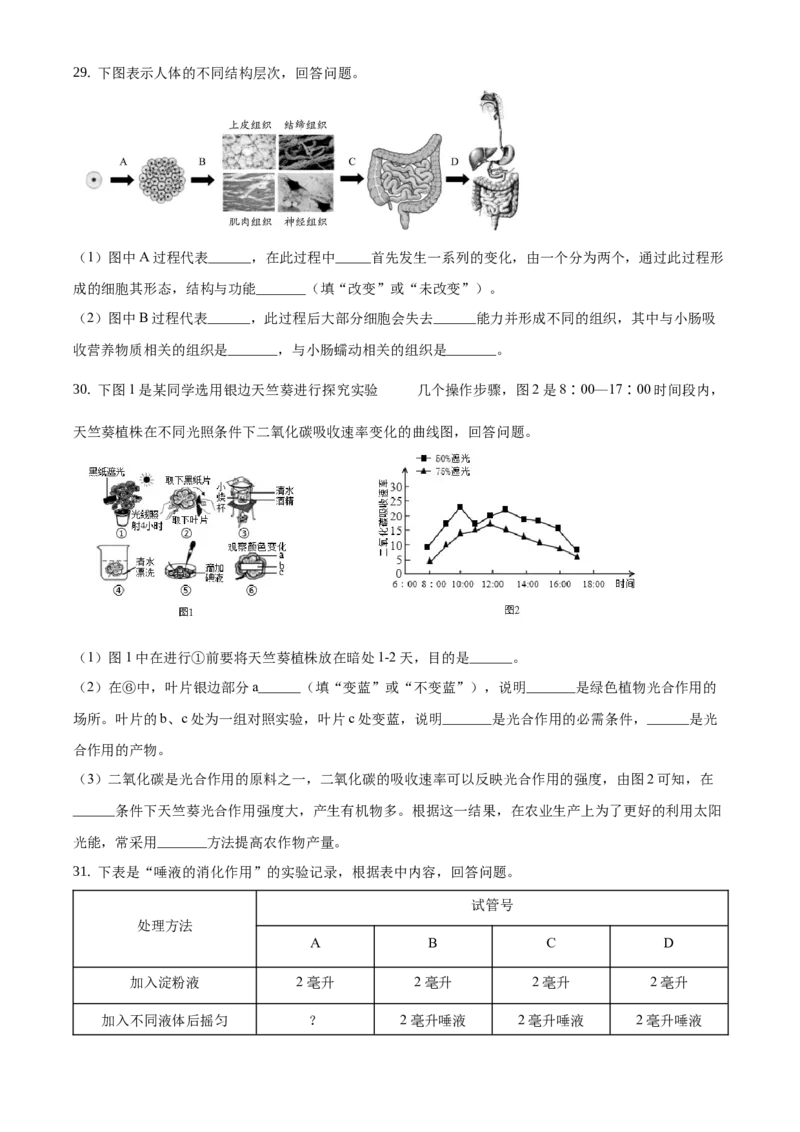 精品解析：北京市大兴区2020-2021学年七年级上学期期末生物试题（原卷版）(1)_北京初中期末题_C605-京七八九_B京生物七八九_北京7上生物_2020-2021