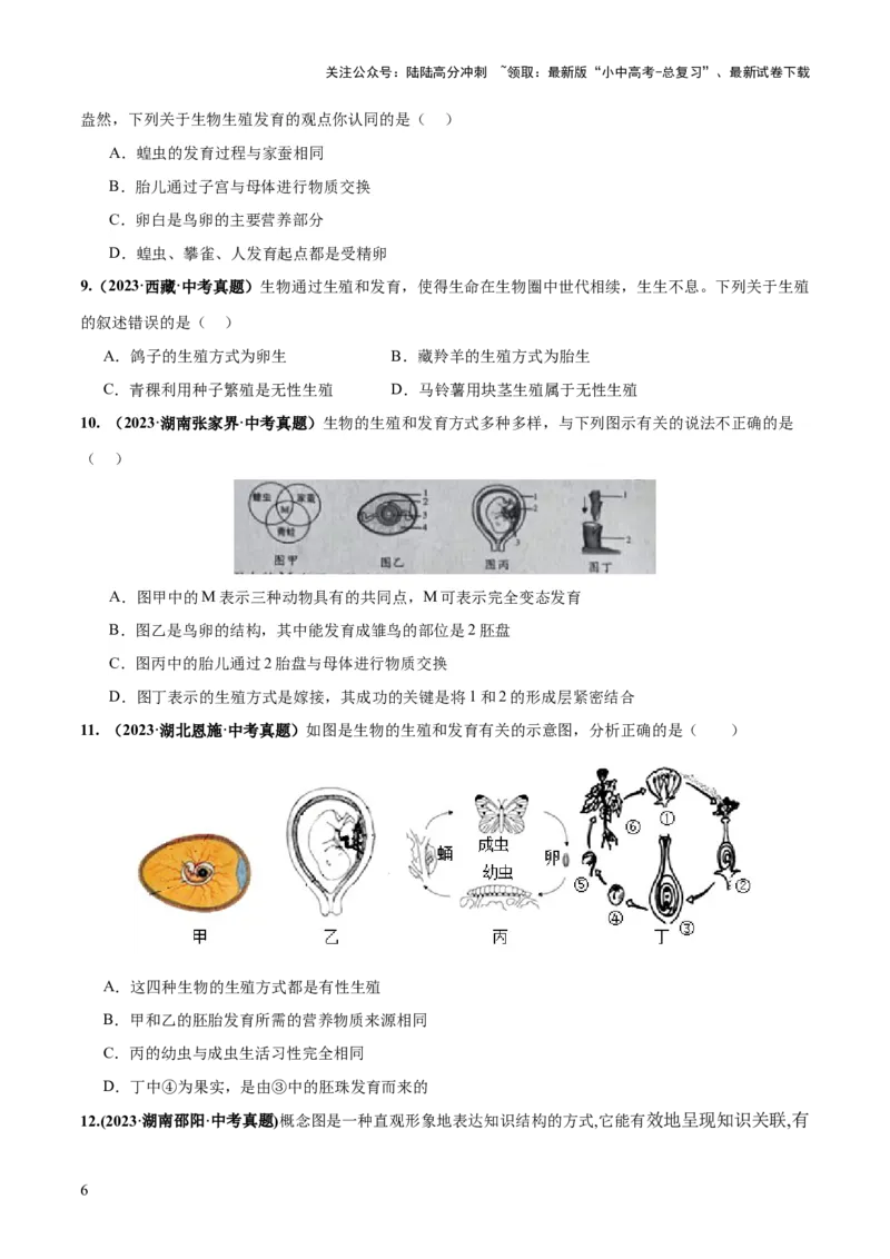专题20生物的生殖和发育（练习）（原卷版）_02中考总复习（2026版更新中）_08-生物-中考总复习_2024年中考复习资料_一轮复习_❤2024年中考生物一轮复习讲练测（全国通用）_练习