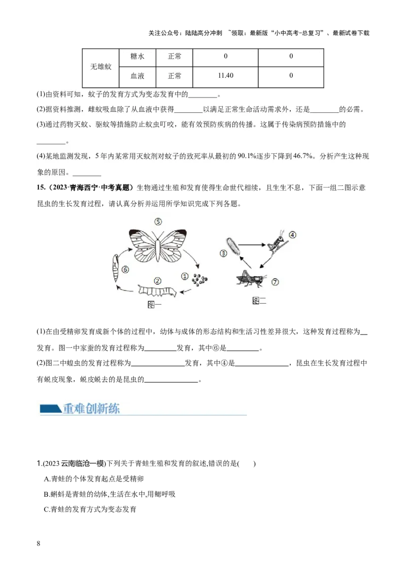 专题20生物的生殖和发育（练习）（原卷版）_02中考总复习（2026版更新中）_08-生物-中考总复习_2024年中考复习资料_一轮复习_❤2024年中考生物一轮复习讲练测（全国通用）_练习