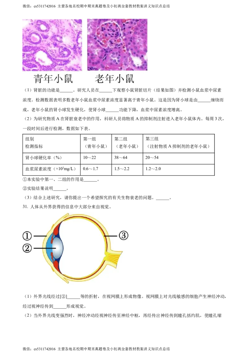 精品解析：北京市东城区2022-2023学年七年级下学期期末生物试题（原卷版）(1)_北京初中期末题_C605-京七八九_B京生物七八九_北京7下生物_2022-2024_北京生物7下期末