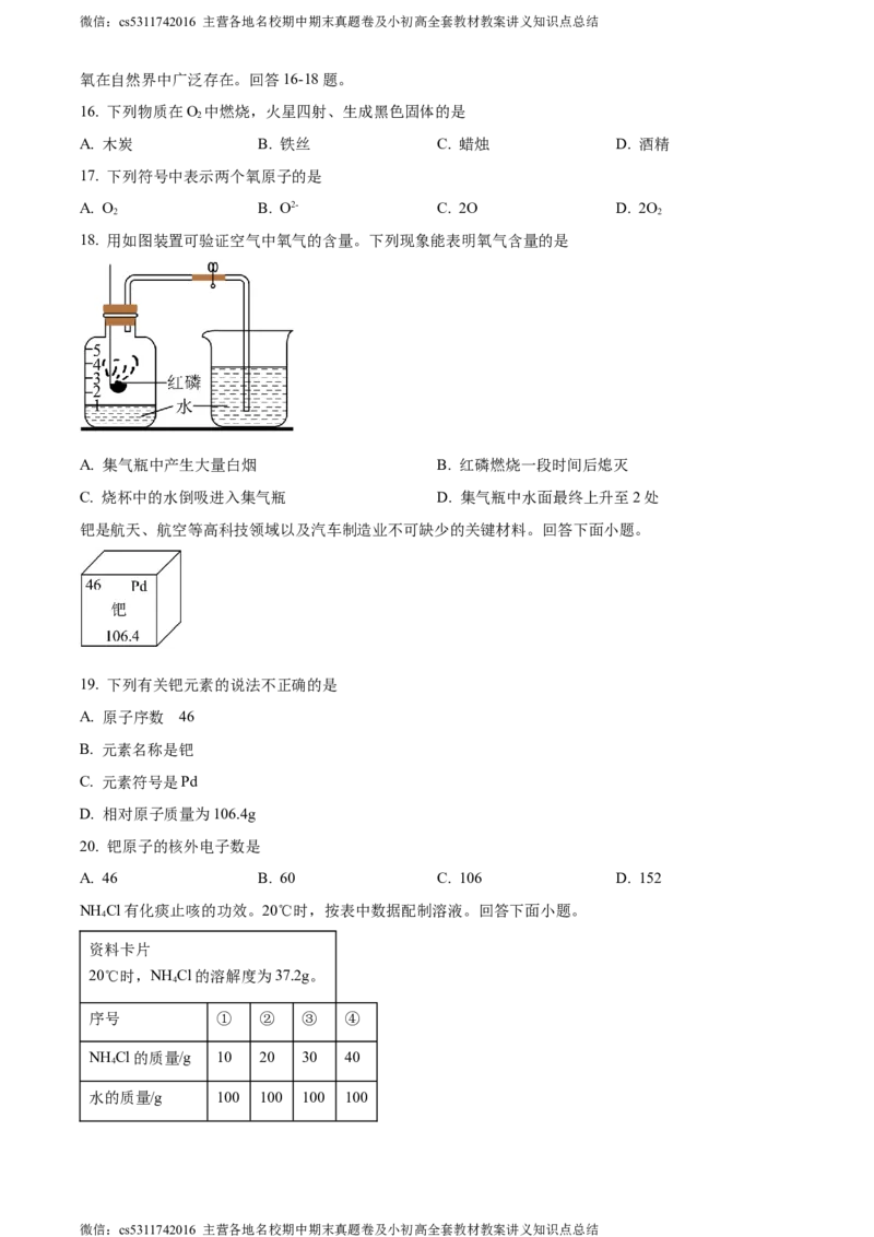 精品解析：2024年北京市房山区中考化学一模试卷（原卷版）(1)_北京初中期末题_C605-京七八九_B京化学七八九_北京9下化学（含中考模拟）_北京化学9下一二模