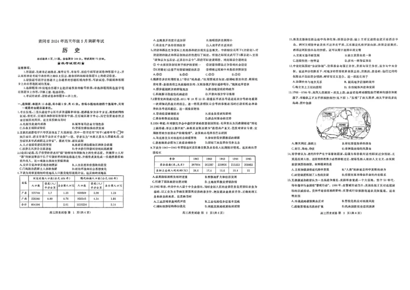 历史试卷_A1502026各地模拟卷（超值！）_9月_240919湖北省黄冈市2024-2025学年高三上学期第一次调研考试_湖北省黄冈市2024年高三年级9月调研考试历史