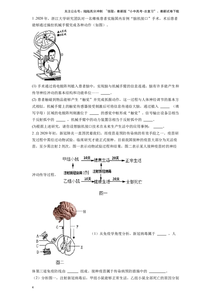 专题17人体生命活动调节（原卷版）_02中考总复习（2026版更新中）_08-生物-中考总复习_2024年中考复习资料_一轮复习_配套练习