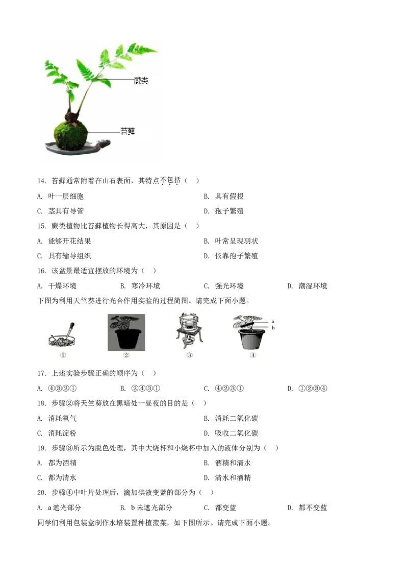 精品解析：北京市丰台区2021-2022学年七年级上学期期末生物试题（原卷版）(1)_北京初中期末题_C605-京七八九_B京生物七八九_北京7上生物_2021-2022