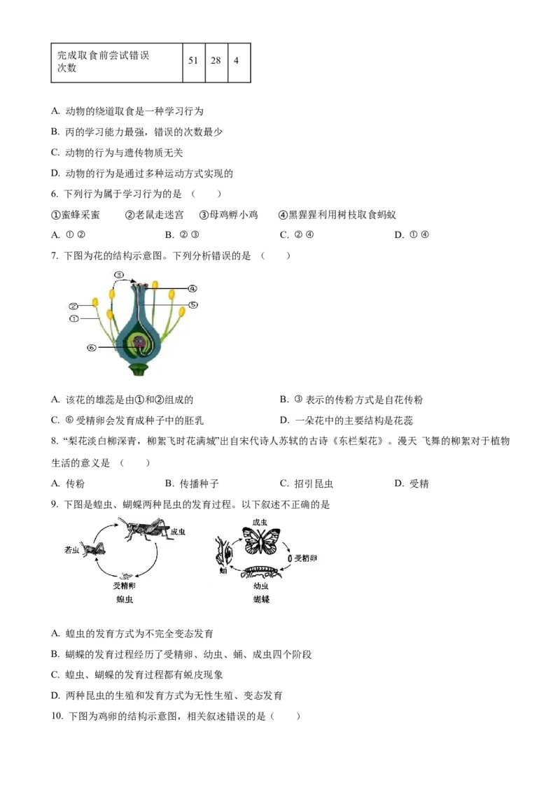 精品解析：北京市延庆区2022-2023学年八年级上学期期末生物试题（原卷版）(1)_北京初中期末题_C605-京七八九_B京生物七八九_北京八上生物_2022-2023