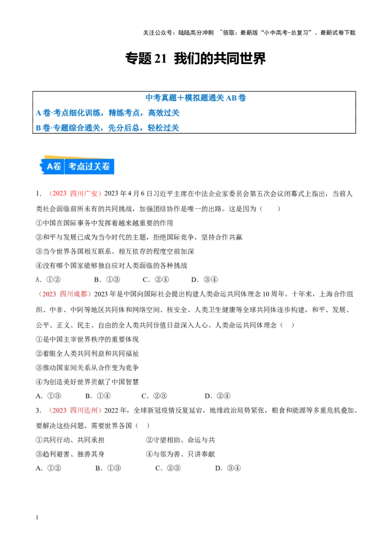 专题21我们的共同世界（考点通关）（原卷版）_02中考总复习（2026版更新中）_07-道法-中考总复习_2024年中考复习资料_一轮复习_备战2024年中考道德与法治一轮复习考点帮（全国通用）