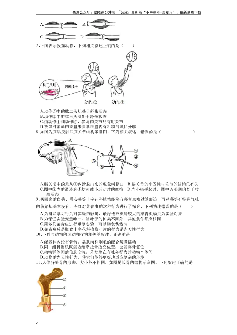 专题21动物的运动和行为（原卷版）_02中考总复习（2026版更新中）_08-生物-中考总复习_2024年中考复习资料_一轮复习_配套练习