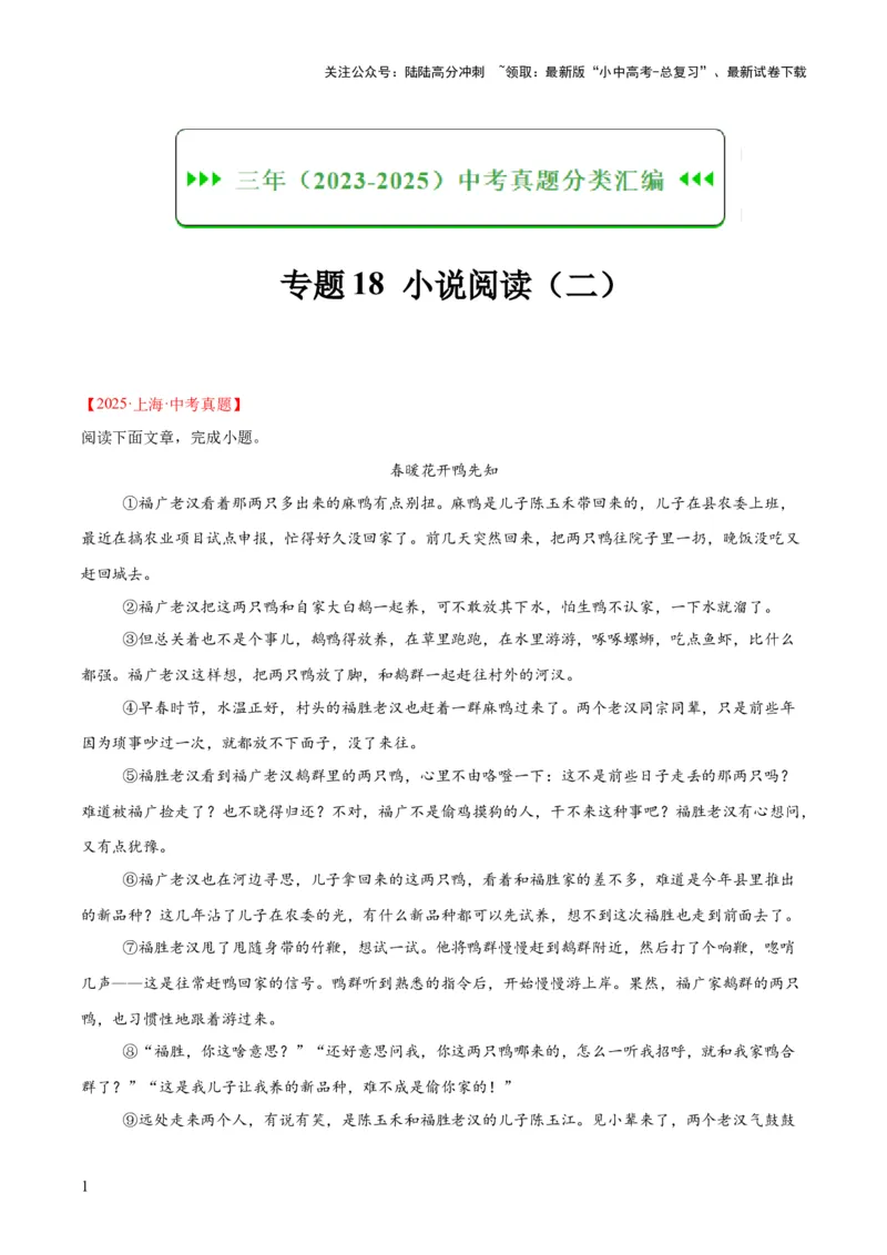 专题18小说阅读（二）（全国通用）（原卷版）_02中考总复习（2026版更新中）_01-语文-中考总复习_2026年中考复习（更新中）