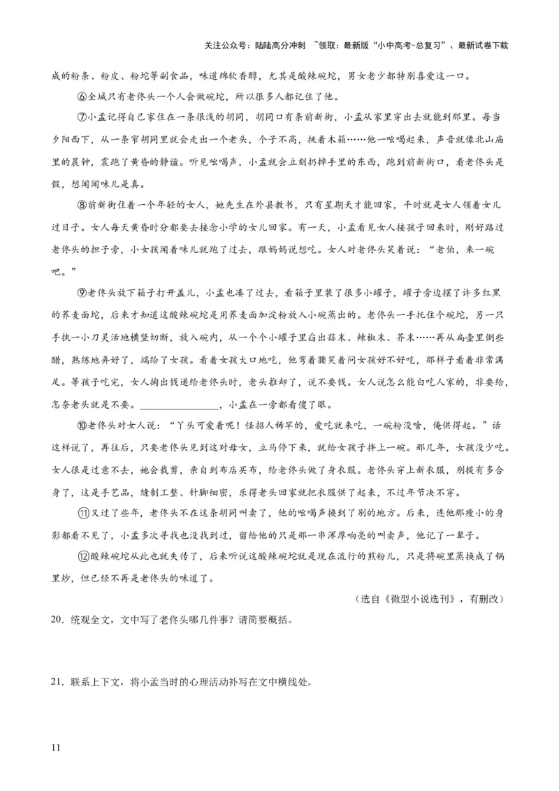 专题18小说阅读（二）（全国通用）（原卷版）_02中考总复习（2026版更新中）_01-语文-中考总复习_2026年中考复习（更新中）