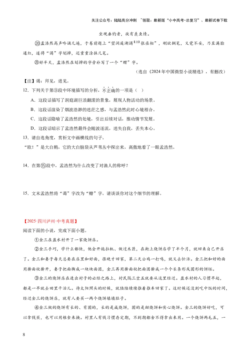 专题18小说阅读（二）（全国通用）（原卷版）_02中考总复习（2026版更新中）_01-语文-中考总复习_2026年中考复习（更新中）