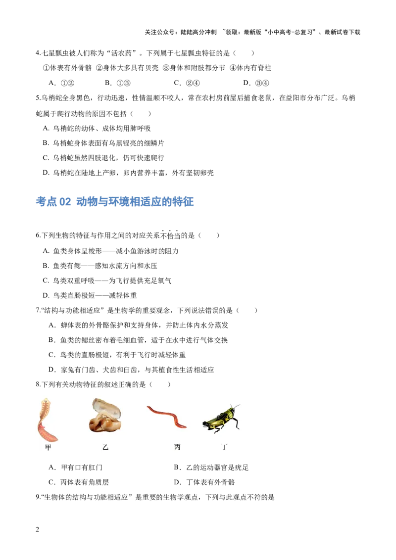 专题16动物的主要类群（练习）（原卷版）_02中考总复习（2026版更新中）_08-生物-中考总复习_2024年中考复习资料_一轮复习_❤2024年中考生物一轮复习讲练测（全国通用）_练习